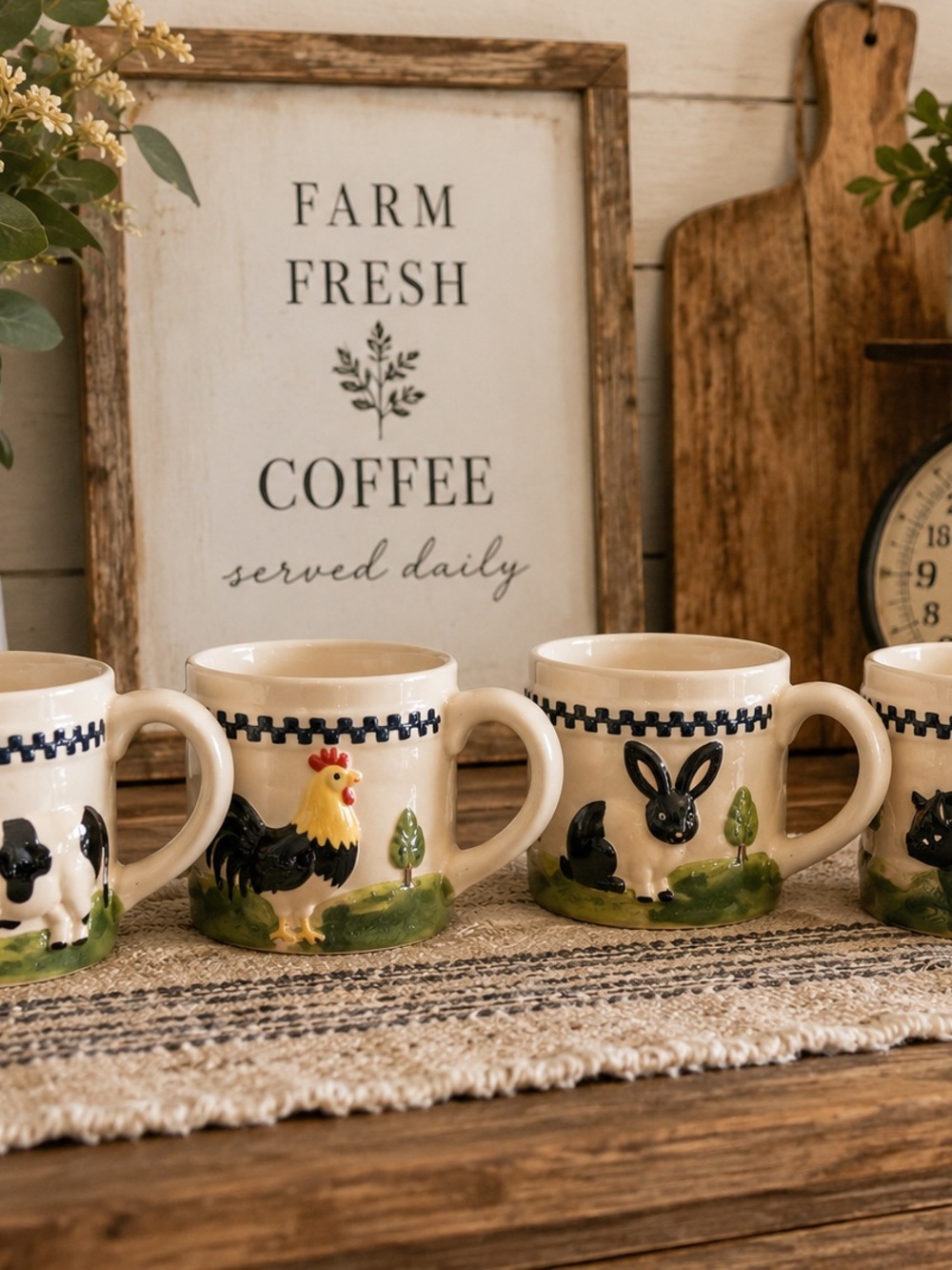 Vintage Farmhouse Animal Mug Set Cow Pig Rooster Bunny Cottagecore Ceramic Cups
